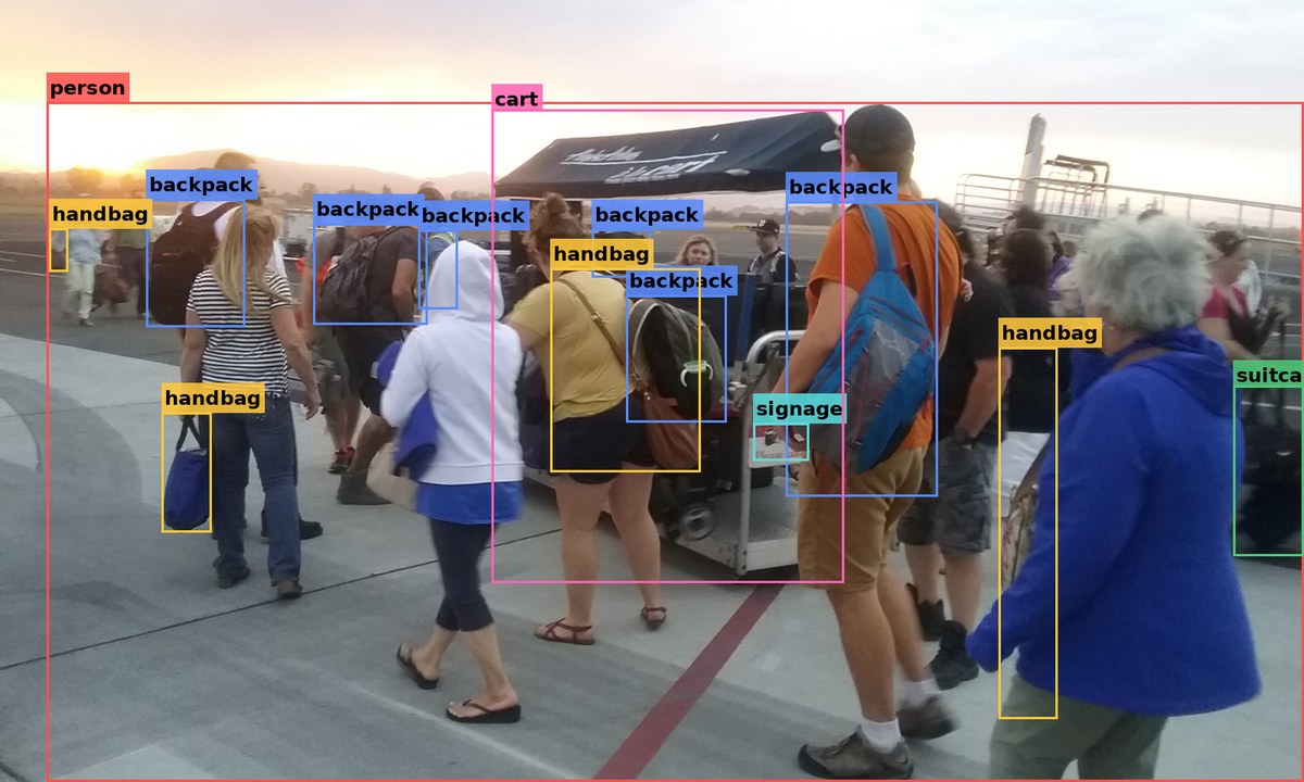 Airport terminal scene with 6 backpacks, 4 handbags, 1 suitcase, monitor, and signage boxed