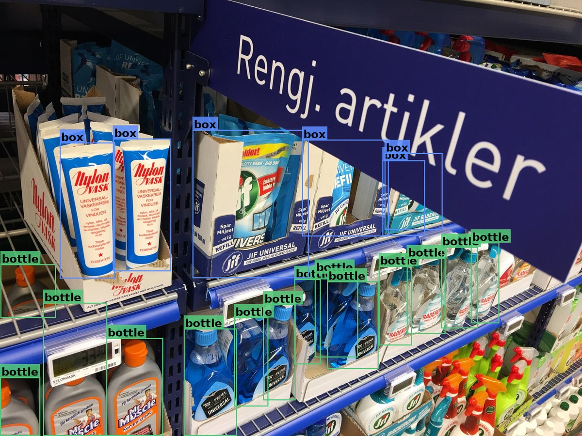 A Norwegian REMA 1000 supermarket aisle with 14 individual bottles, 6 boxes, and 1 can detected