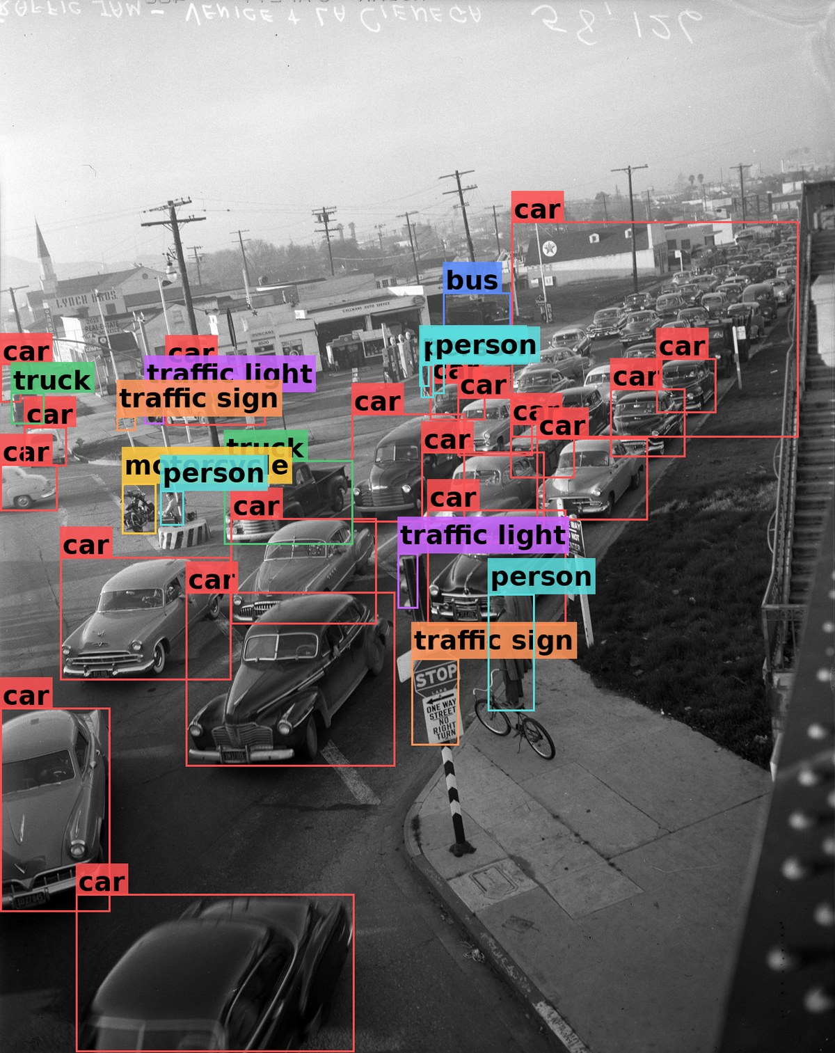 Historical black-and-white traffic scene with 19 cars, 2 trucks, 1 bus, 1 motorcycle, 5 people, 2 traffic lights, and 2 traffic signs detected