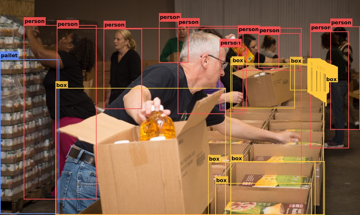 LocateAnything-3B output on a food-bank packing scene: the model emitted 328 overlapping 'box' boxes after correctly identifying the first ~15-20, taking 51.7 seconds of generation time